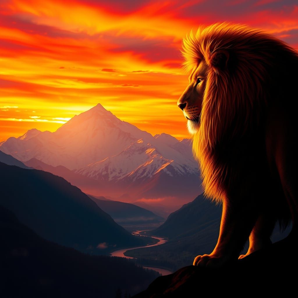 Majestic Lion Silhouetted Against Fiery Sunset Over Mountain...