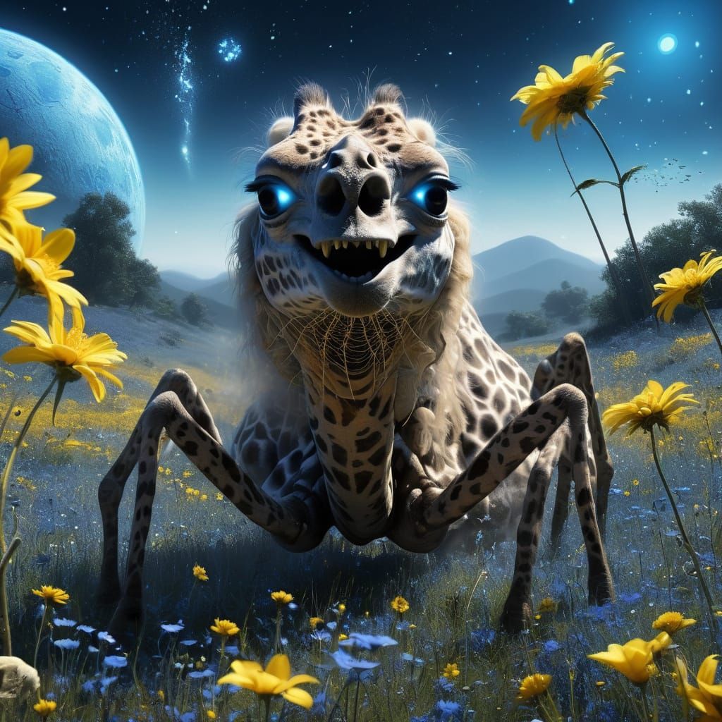 Giraffe Spider in a Blue Meadow