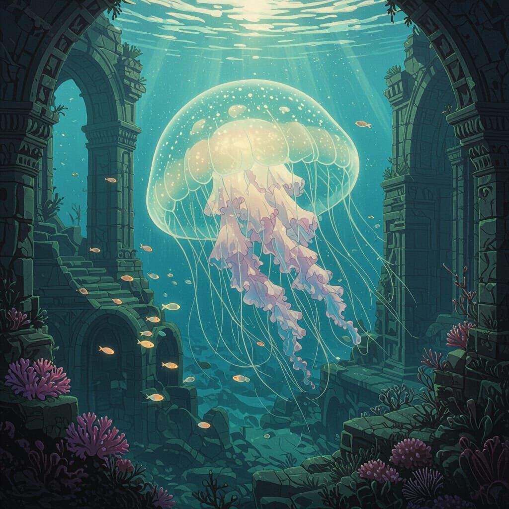 Bioluminescent Jellyfish in Sunken City, Art Nouveau Style