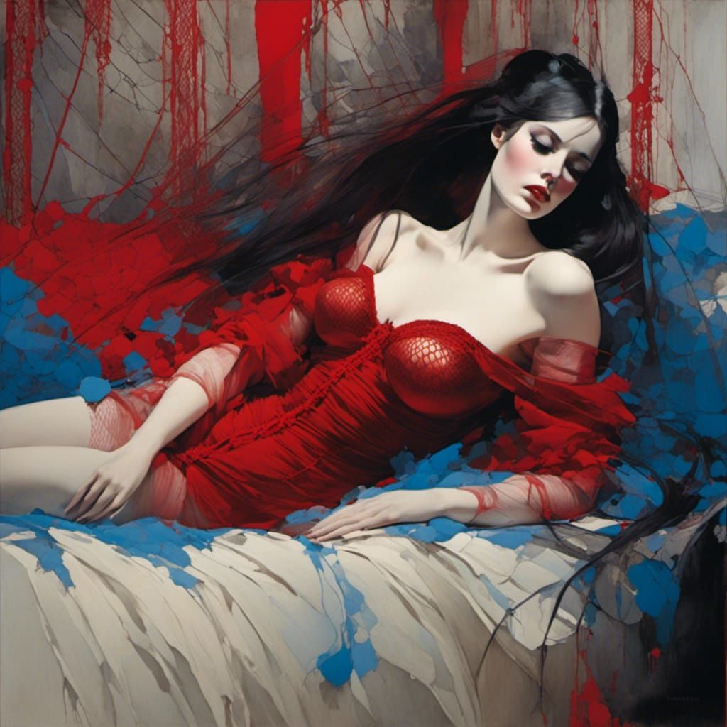 Brunette reclining on 4-poster bed artistic