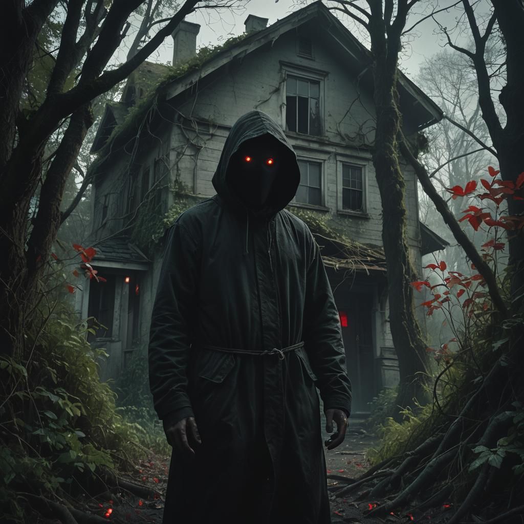 Eerie Hooded Figure in Dark Cinematic Horror Scene