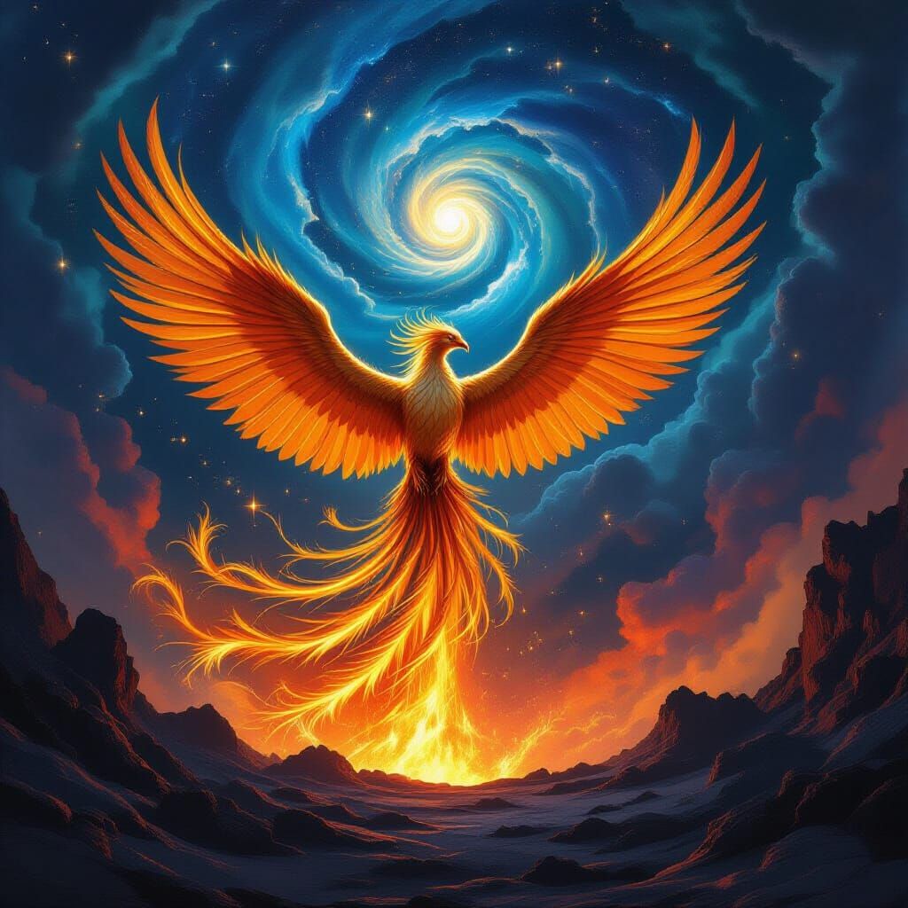Majestic Phoenix of Gold and Sapphire Rises from Volcano