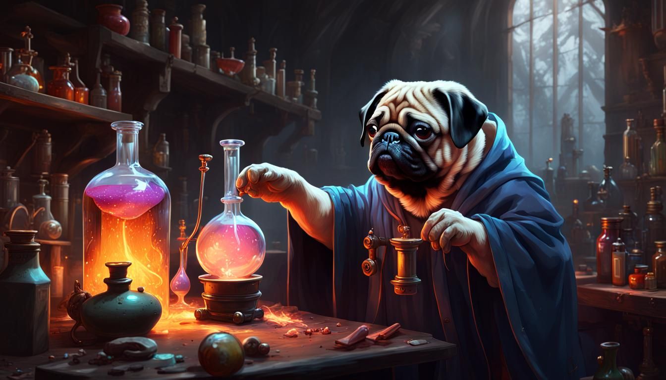 Pug Watches Wizard Make Potions in Dark Fantasy Art