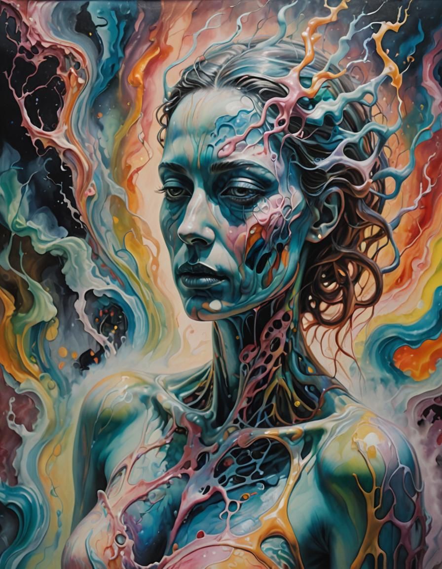 Melting Figure with X-Ray Skin in Surrealist Oil Painting