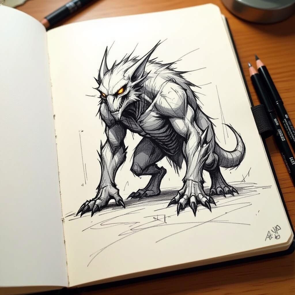 Fantastical Creature Sketch in Messy Pencil Art