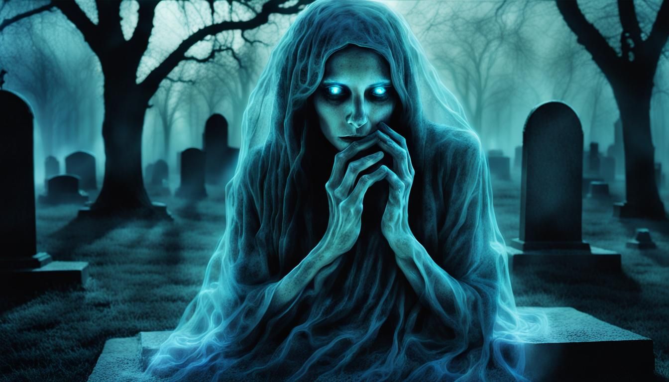 Ethereal Ghost Art: Woman at Grave in Moonlight