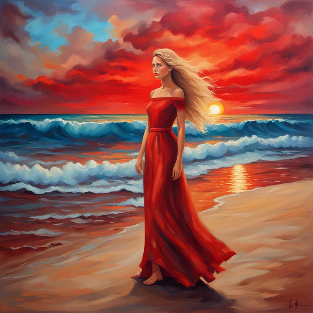 Woman in Red Dress at Sunset, Oil Painting