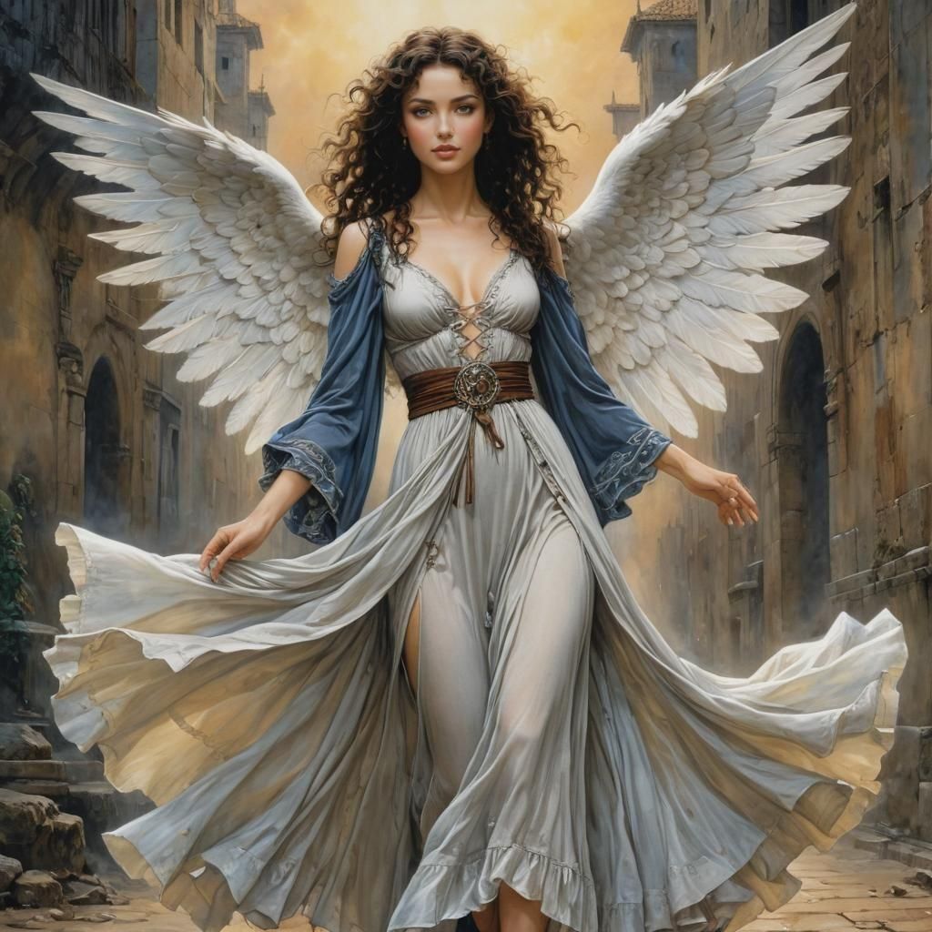 Bohemian Angel with Dark Hair, Fantasy Art