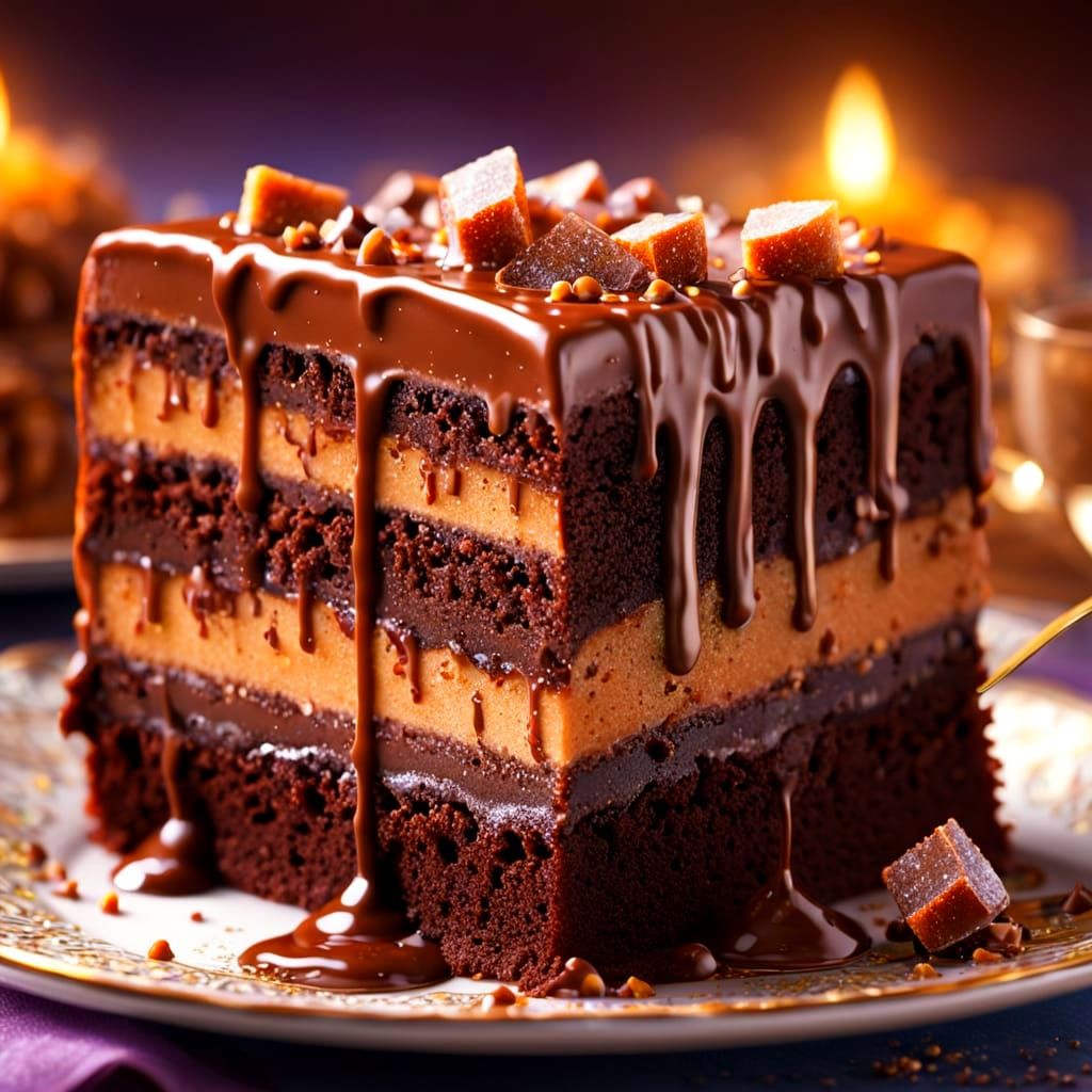 Ethereal Chocolate Fudge Cake Slice in Kinkade Style