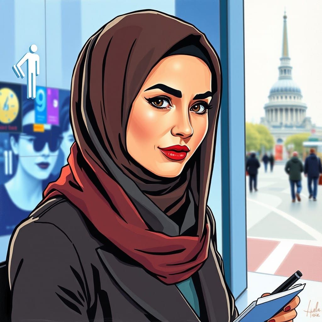 Comic Book Style News Anchor in Elegant Hijab