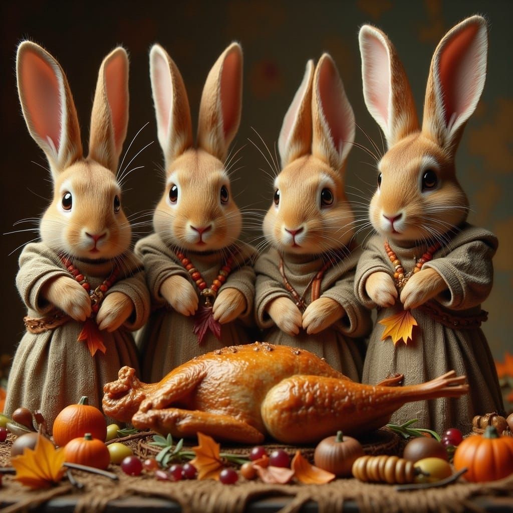 Anthropomorphic bunnies dressed as Pilgrim women Eleanor Billington, Elizabeth Hopkins, Mary Brewster, and Susanna White...