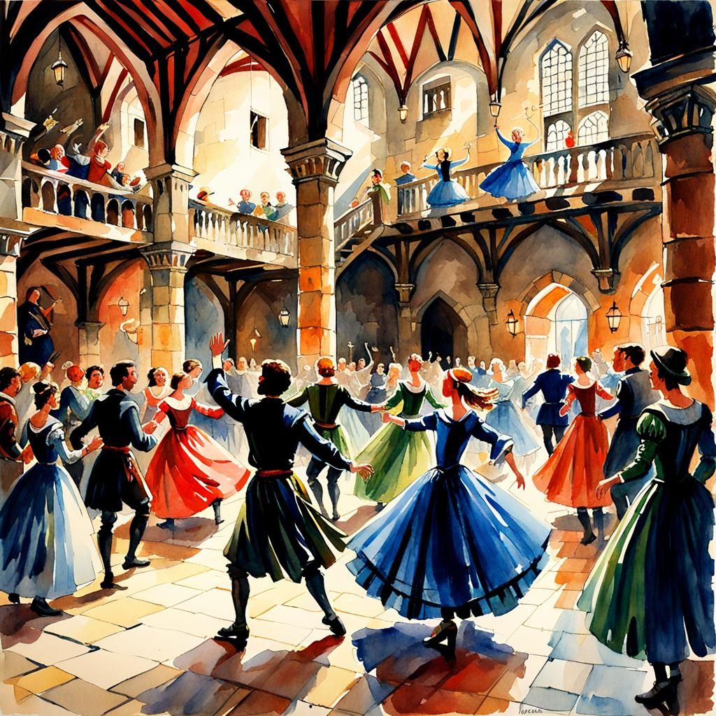 Dancing Ball in Medieval Castle as Watercolor Painting