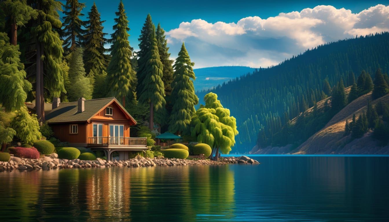 Lakeside Cottage Among Pine Trees, Digital Matte Painting