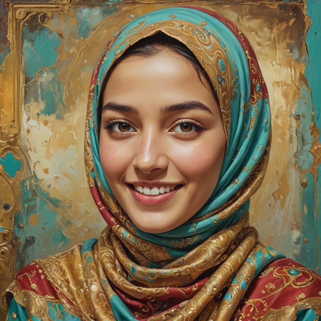 Smiling Muslim Girl in Surrealist Oil Painting