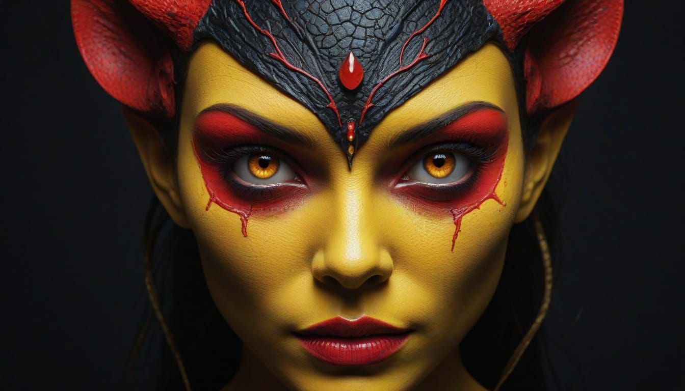 Dark Surrealism of a Red and Yellow Female Demon Face