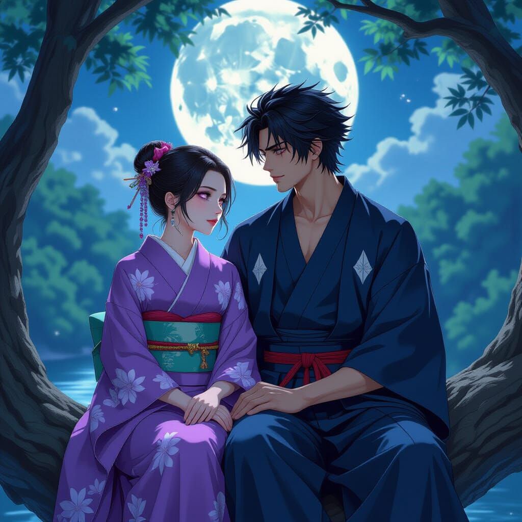 Kimono Couple Gazing at Moonlight in Splash Art Style