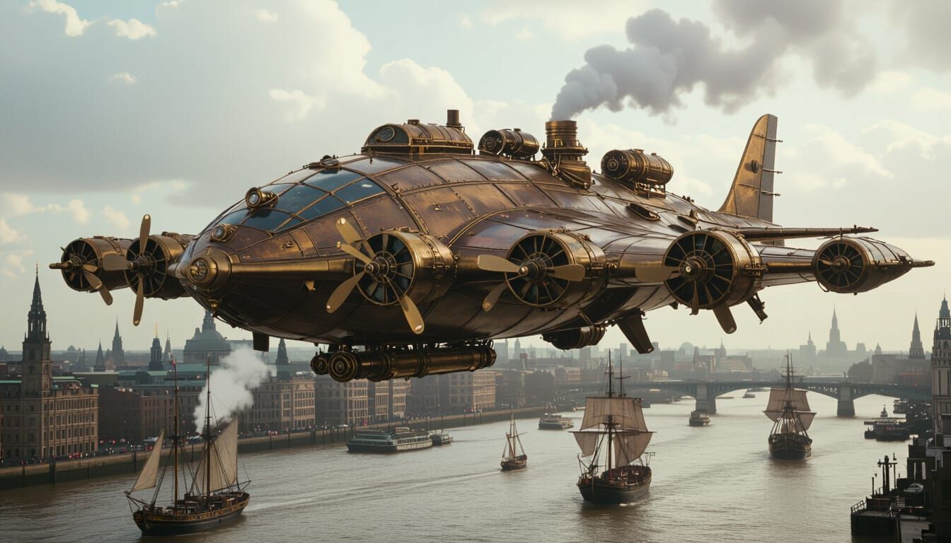 Steampunk Stingray Aircraft Over Victorian London
