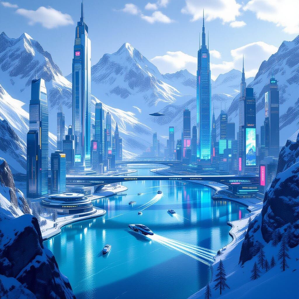 Futuristic Megacity Reflects in Mountain Rivers