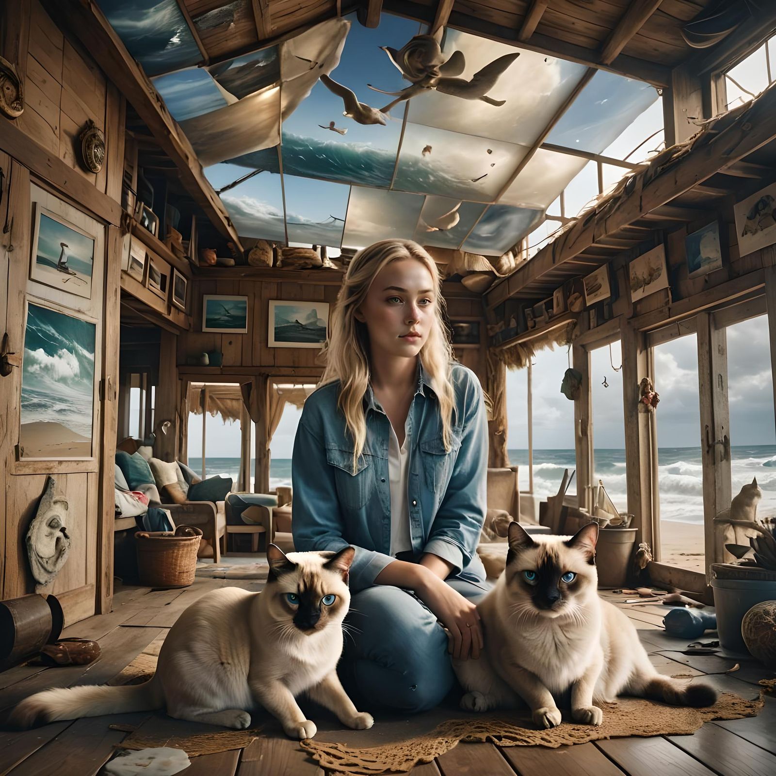 Girl with Cat in Beach Shack Double Exposure