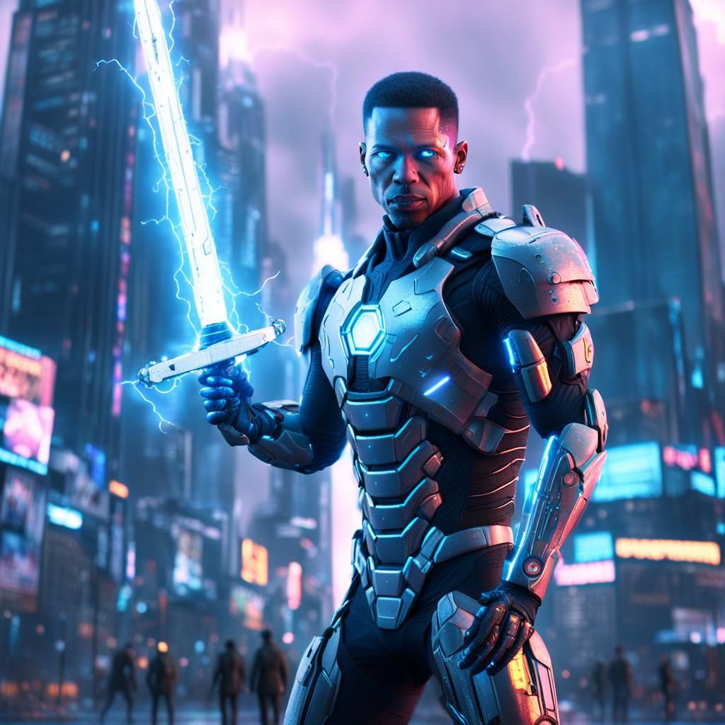 Cyborg Knight Materializing in Cyberpunk Cityscape