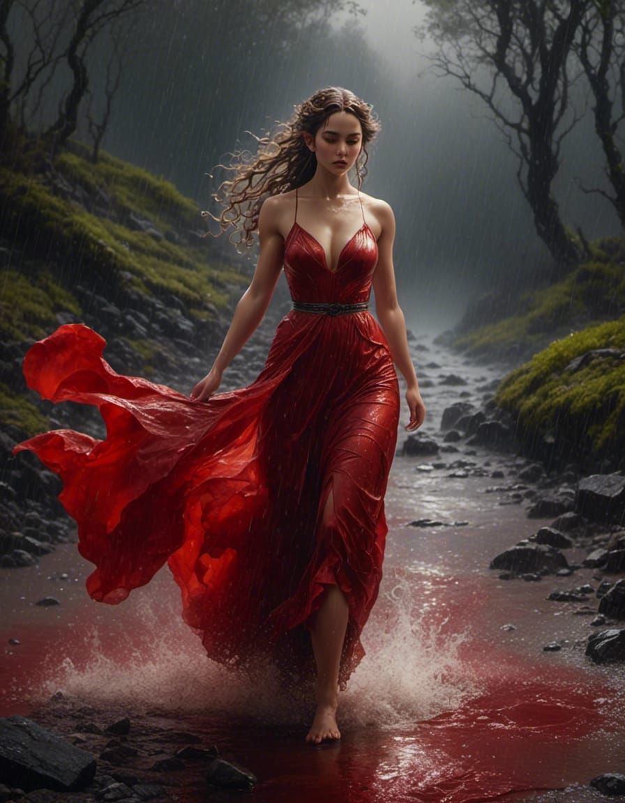 Woman in Red Dress Walking in Rainy Storm