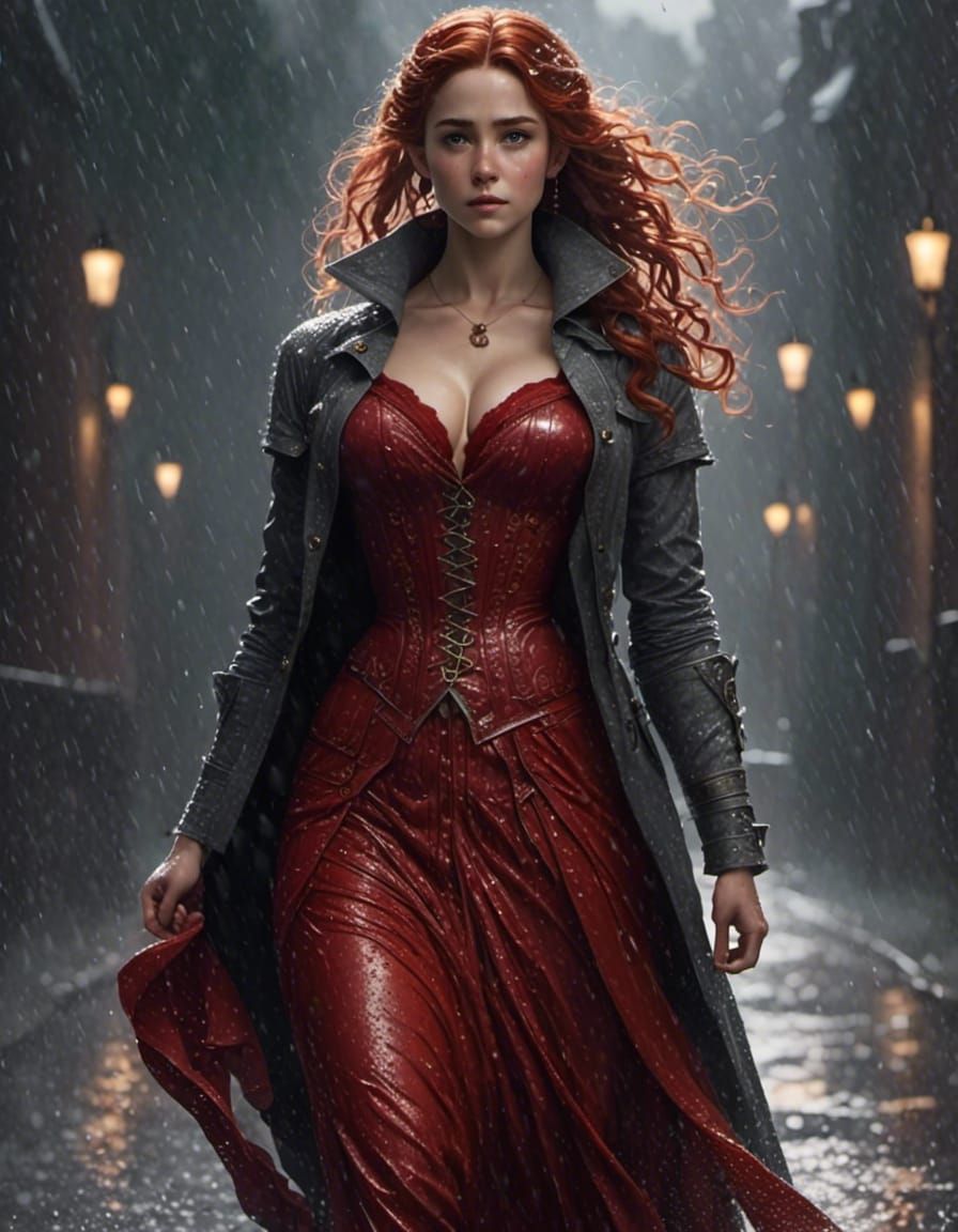 Woman in Red Dress Walking in Rainy Cityscape