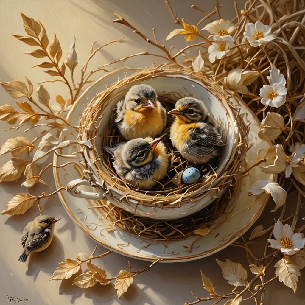 Baby Birds Nesting in Teacup Oil Painting
