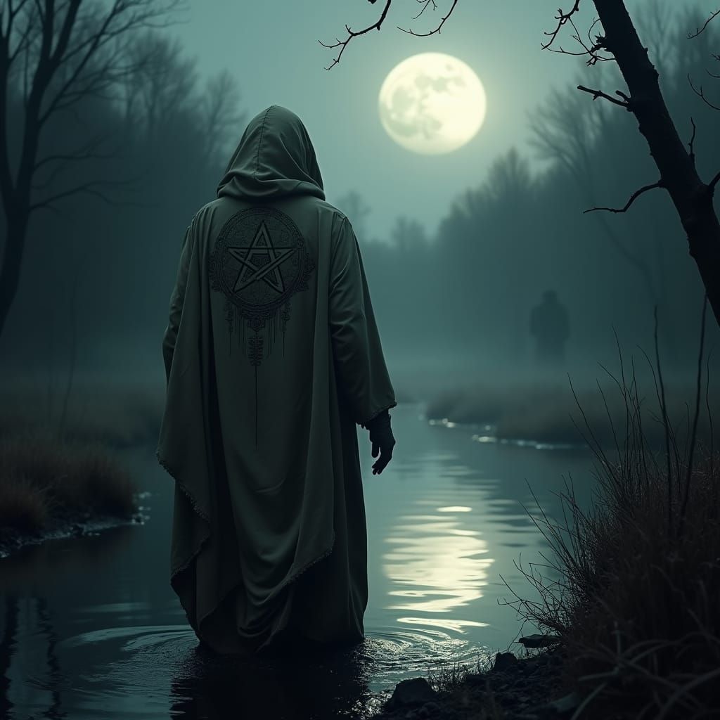 Ominous Figure Entering Dark Pond Under Moonlight