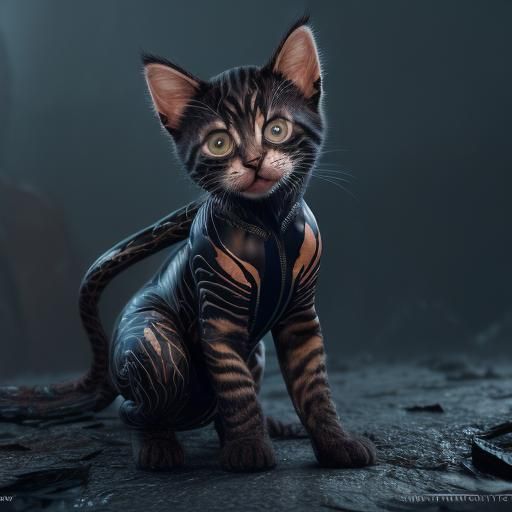 Kitten in Venom Jumpsuit: Detailed Digital Art