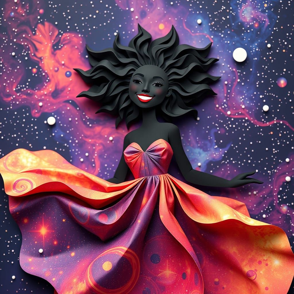 Woman in Nebula Dress Floating in Universe as Papercraft