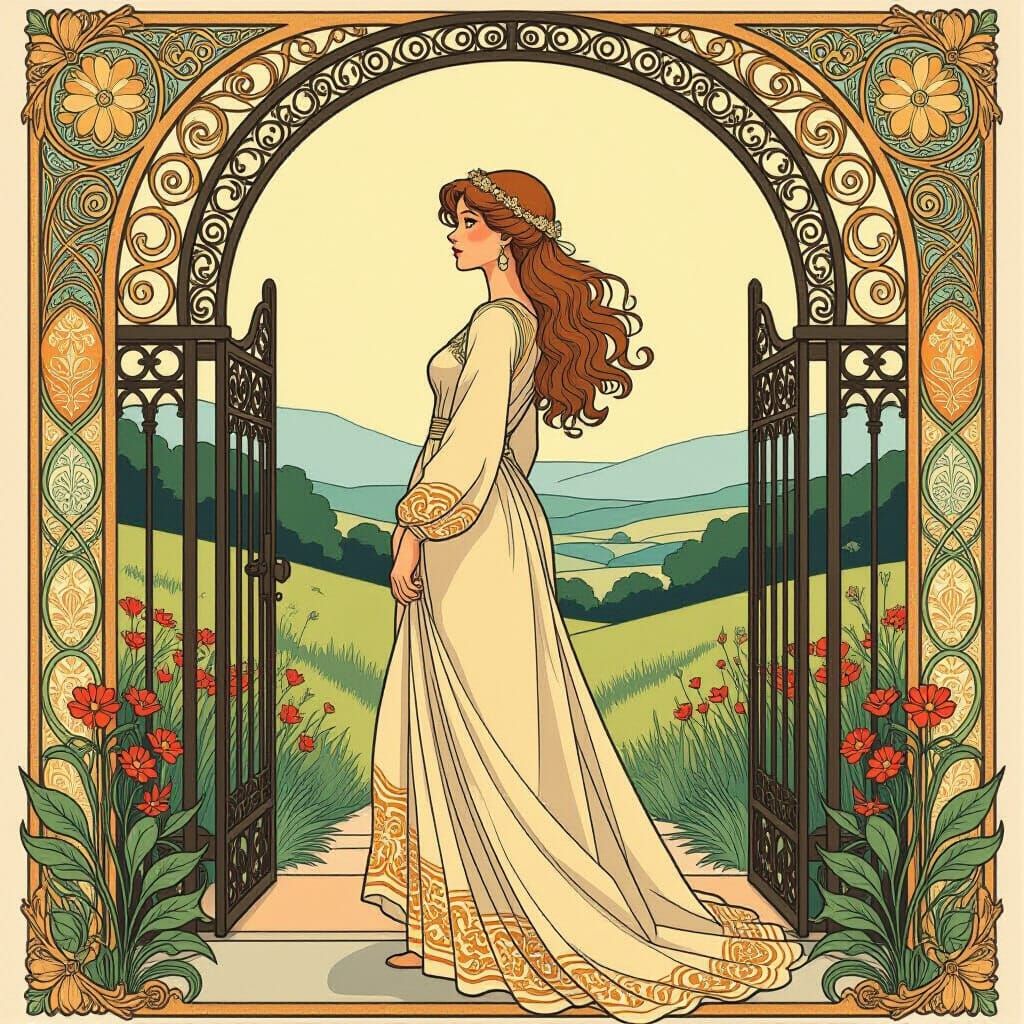 Woman at Gate in Art Nouveau Style