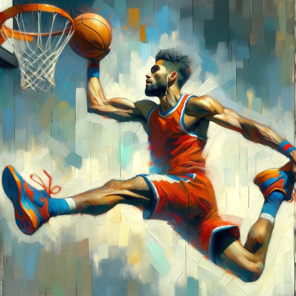 Dynamic Basketball Dunk in Neo-Impressionistic Style
