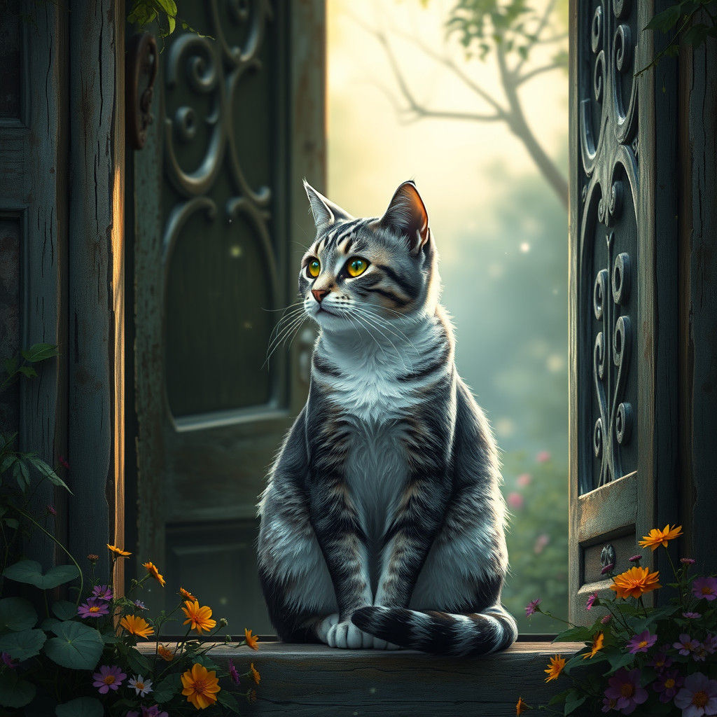Longing Tabby Cat in Fantasy Landscape