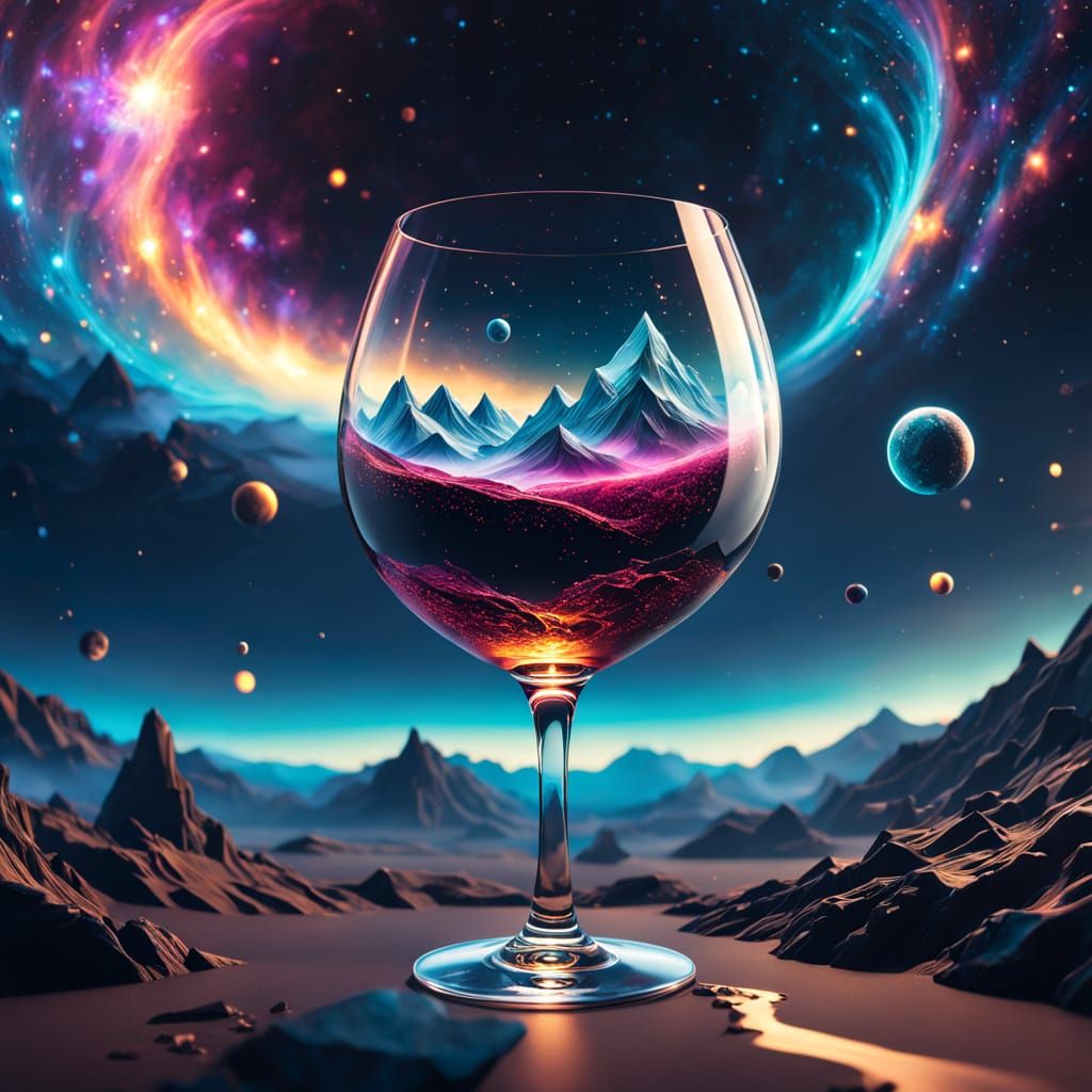 Cosmic Wine Glass in Vibrant, Hyper-Realistic Style