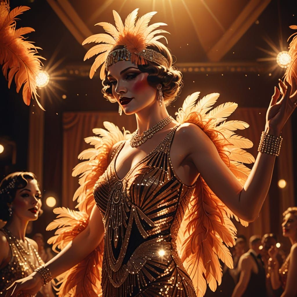 Art Deco Showgirl Dancing on Stage in Orange