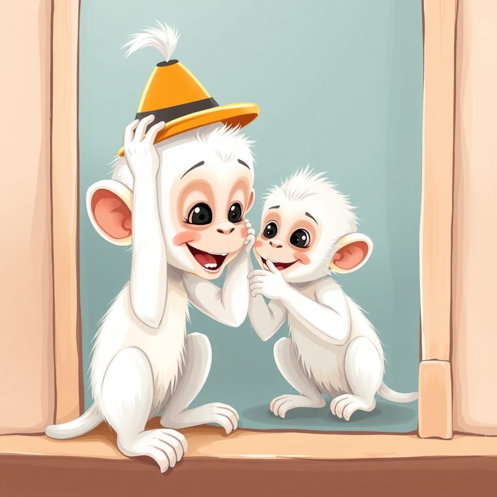 Albino Monkey's Silly Hat Reflection: Adorable Illustration