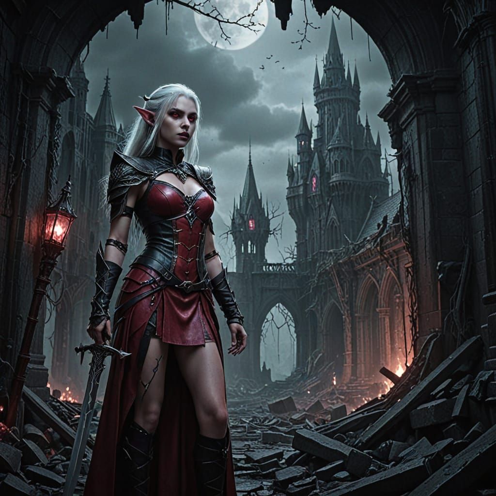 Drow Elf in Forgotten City, Dark Fantasy Art