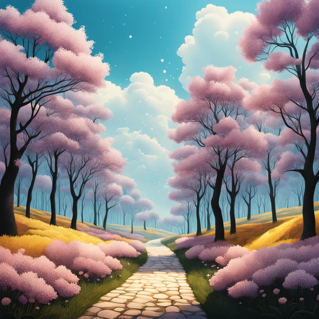 Dreamy Spring Garden Blooms in Whimsical, Textured Surrealis...