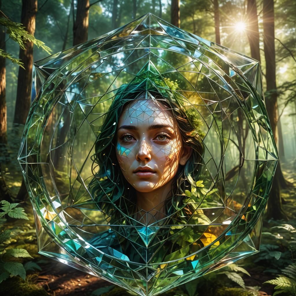 Sacred Geometry Forest Glass: Hyperrealistic Splash Art