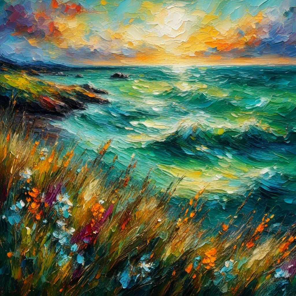 Vibrant Impressionist Seascape Oil Painting
