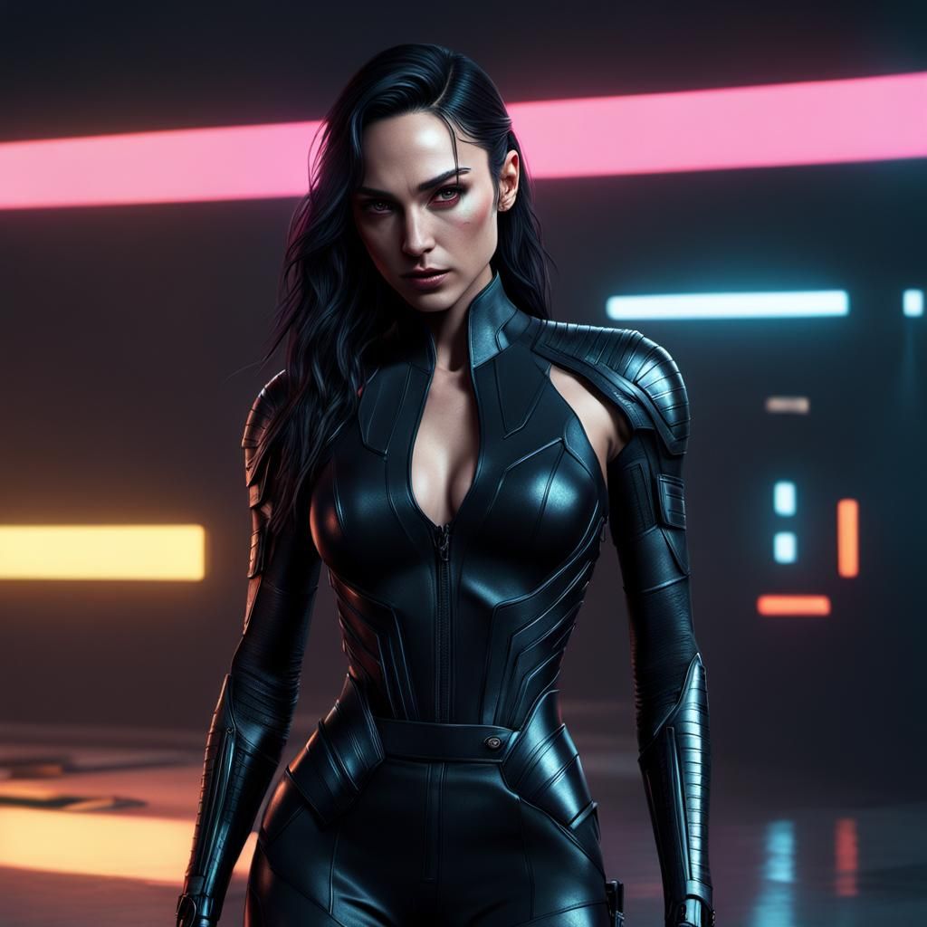 young girl, tall, slender, looks like Gal Gadot, thin sharp facial features, very bright appearance, absolutely black ey...