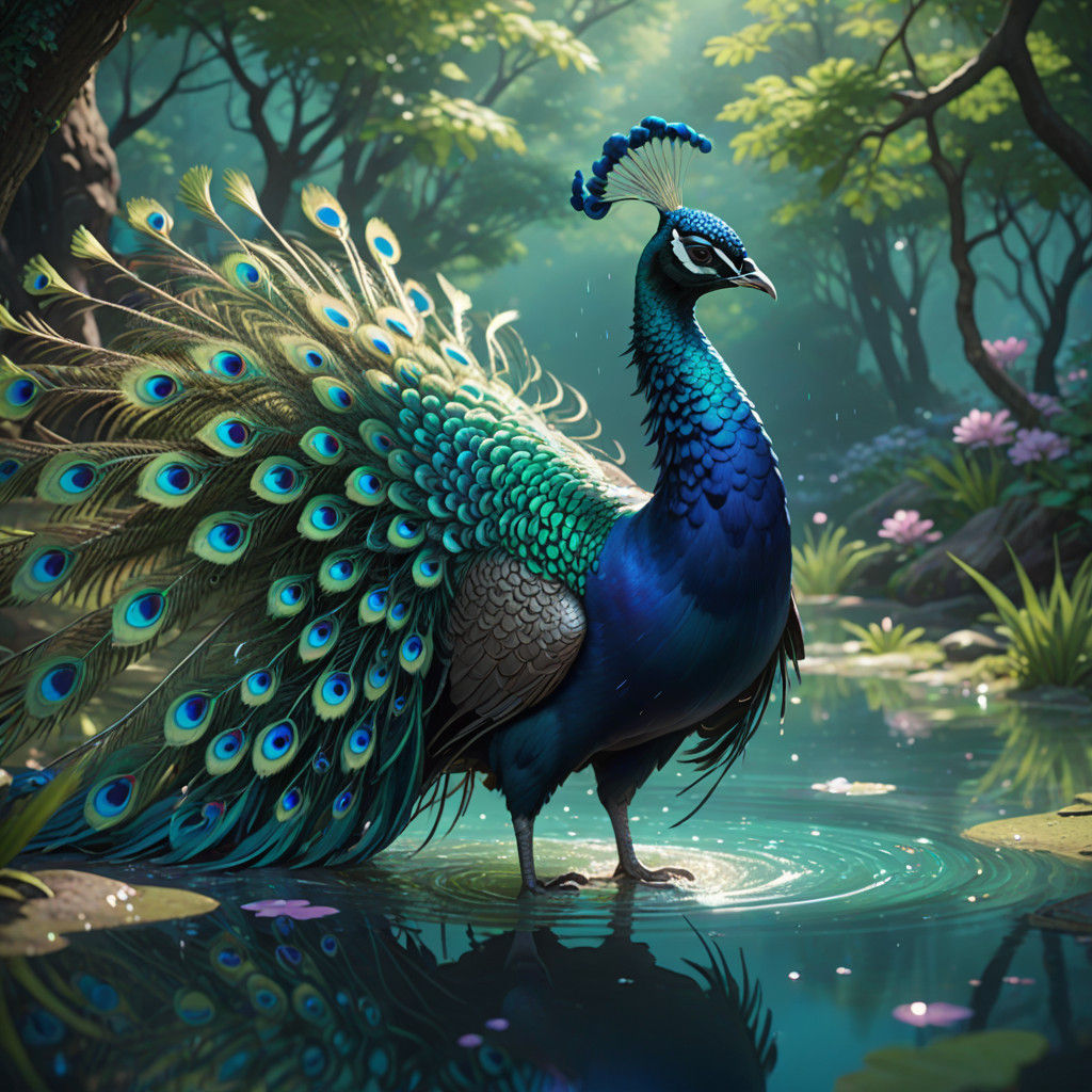 Majestic Peacock Unfurls in Aquatic Splendor