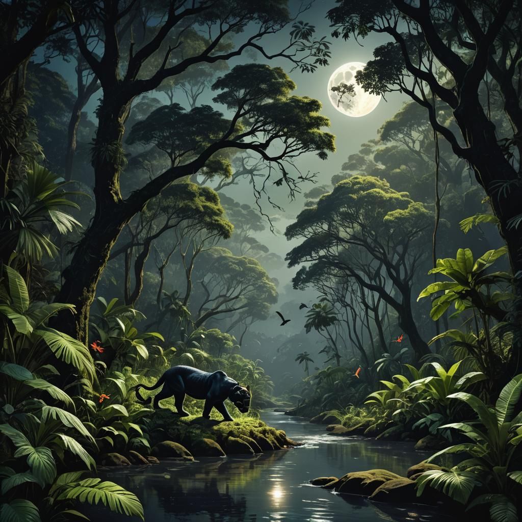 Moonlit Rainforest Scene with Jaguar: Digital Matte Painting