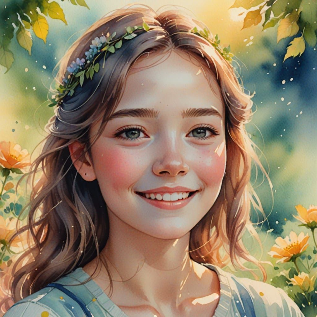 Dreamy Watercolor Portrait of a Smiling Girl