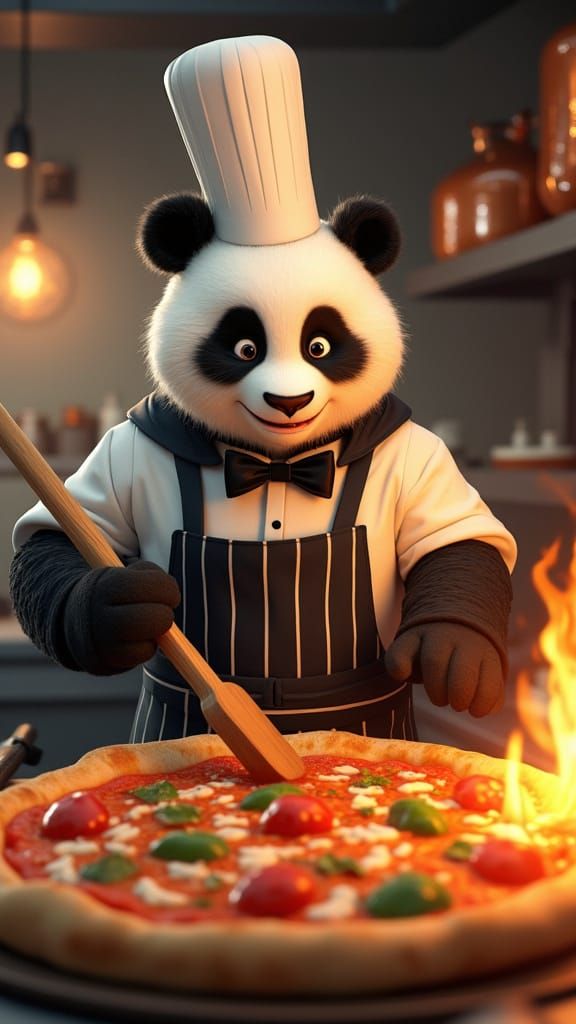 Panda Chef Slides Pizza: Pixar-Style 3D Render