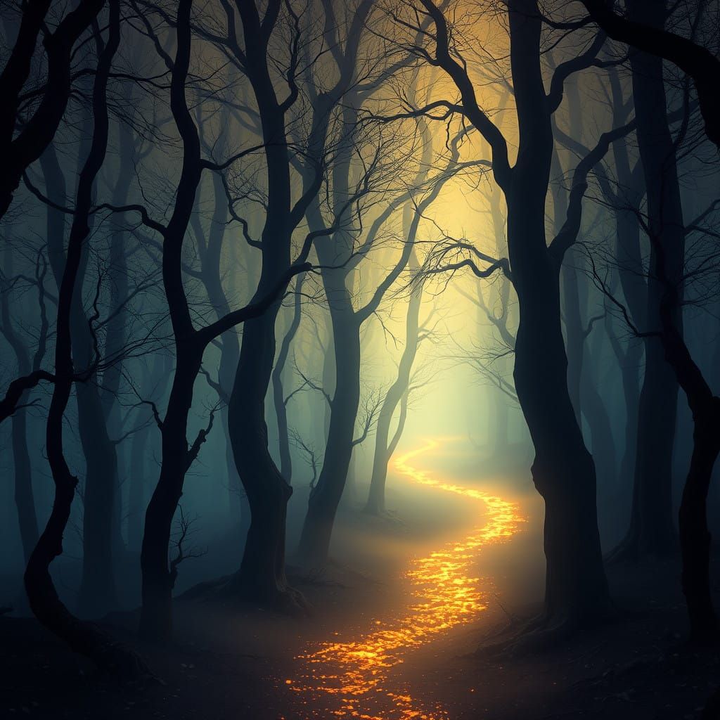 Glowing Trail in Dark, Twisted Forest Landscape