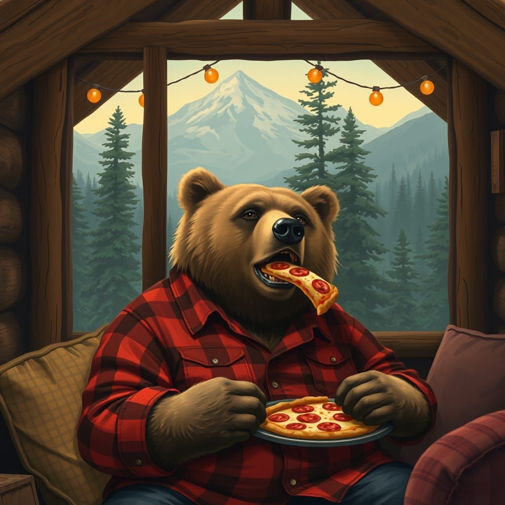 Bear Eats Pizza in Mountain Lodge