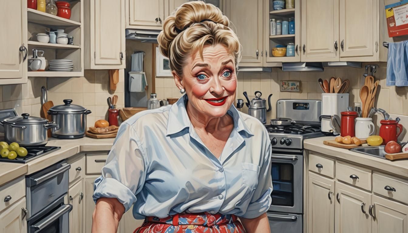 Humorous Caricature of a Blonde Woman in Kitchen