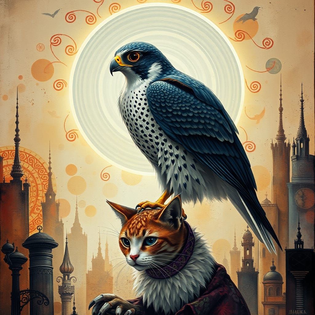 Falcon and Fairy Cat in Art Deco Dystopia