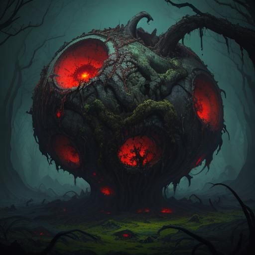 Grotesque Apple Creature Oozing Dark Sap